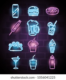 fast food and drinks with neon lights icons