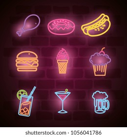 fast food and drinks with neon lights icons