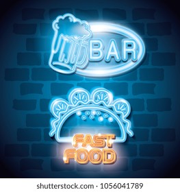 fast food and drinks with neon lights icons