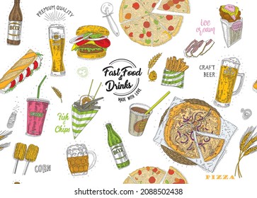 Fast food and drinks seamless pattern. Sketchy hand-drawn colorful 
 vector background.