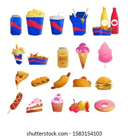 Fast food and drinks set. Collection of tasty snack. Pizza and burger, hot dog with sausage and grilled chicken. Isolated vector illustration in cartoon style