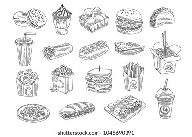 Fast food and drinks sketch set. Hand drawn vector design of fast food, street food for shop or cafe menu