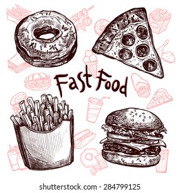 A lot of fast food and drinks sketch set vector illustration