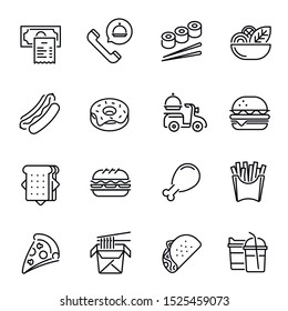 Fast food and drinks vector linear icons set. Takeaway products. Pizza, burger, sushi, fries thin line illustrations pack. Unhealthy nutrition. Takeout menu items isolated clipart collection