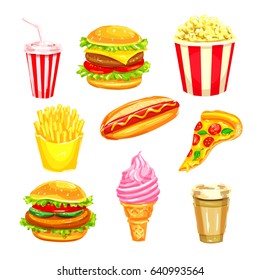 Fast food and drinks watercolor illustration set. Hamburger, cheeseburger, hot dog, coffee and soda cups, pizza, french fries, ice cream cone and popcorn takeaway dishes for restaurant menu design