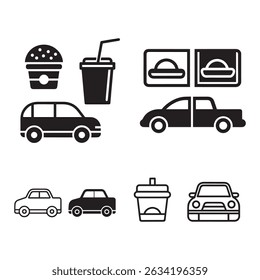 Fast Food Drive-Thru Icons Car, Burger, Drink, and Restaurant Symbols