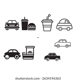 Fast Food Drive-Thru Icons Car, Burger, Drink, and Restaurant Symbols