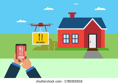 Concepto de vector de entrega de drones de comida rápida: manos no identificadas controlando el drone para entregar el paquete de comida rápida