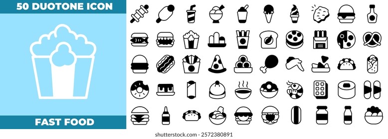 Fast Food Duotone Editable Icons set. Vector illustration in modern thin duotone style of fast food icons: burger, pizza, hot dog, french fries, et