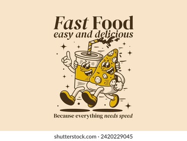 Fast food, easy and delicious. Mascot character illustration of running pizza and soft drink