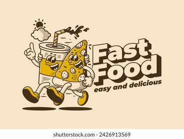 Fast food, easy and delicious. Mascot character illustration of running pizza and soft drink