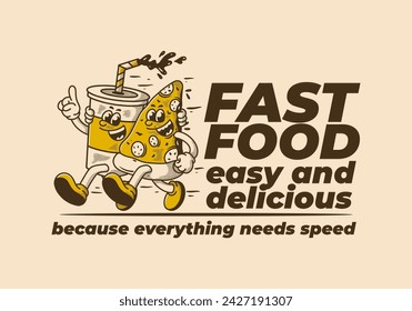 Fast food, easy and delicious. Mascot character illustration of running pizza and soft drink