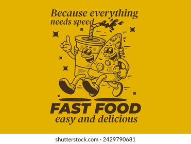 Fast food, easy and delicious. Mascot character illustration of running pizza and soft drink