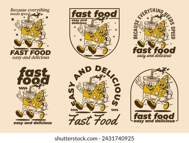 Fast food, easy and delicious. Mascot character illustration of running pizza and soft drink