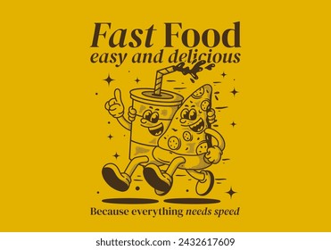 Fast food, easy and delicious. Mascot character illustration of running pizza and soft drink