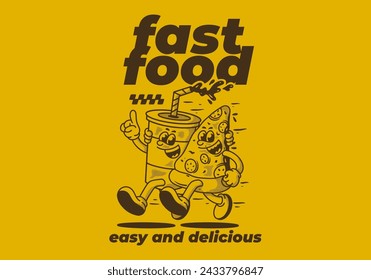 Fast food, easy and delicious. Mascot character illustration of running pizza and soft drink