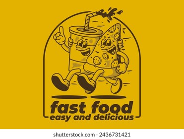 Fast food, easy and delicious. Mascot character illustration of running pizza and soft drink