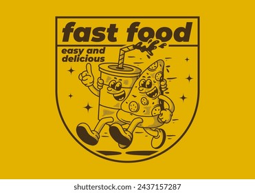 Fast food, easy and delicious. Mascot character illustration of running pizza and soft drink