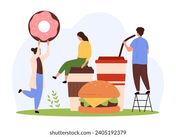 Fast food eating and delivery. Tiny people holding huge donut, happy friends eat tasty burger and drink soda in fastfood restaurant or street cafe of American cuisine cartoon vector illustration