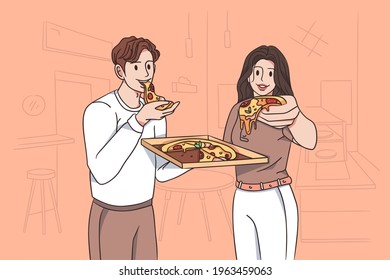 Fast food and eating pizza concept. Young smiling couple man and woman cartoon characters standing and eating fresh pizza with hands vector illustration 