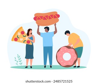 Fast food eating, street food market or foodie festival. Tiny people carry giant donut, hotdog with mustard and slice of pizza, characters hold different snacks to eat cartoon vector illustration