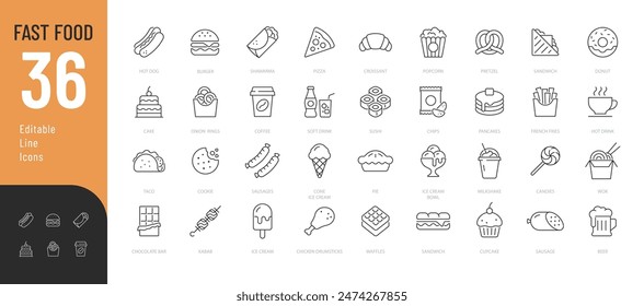 

Conjunto de iconos editables de comida rápida. Ilustración vectorial en estilo moderno de línea delgada del menú del restaurante iconos relacionados: hamburguesa, papas fritas, postres y más. Pictogramas e infografías para App móviles.
