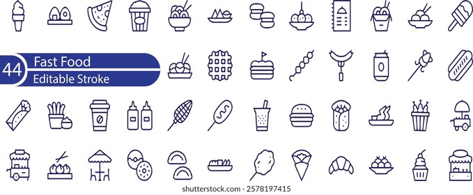 Fast Food Editable Icons set. Vector illustration in modern thin line style of restaurant menu related icons , burger, French fries, desserts, and more.