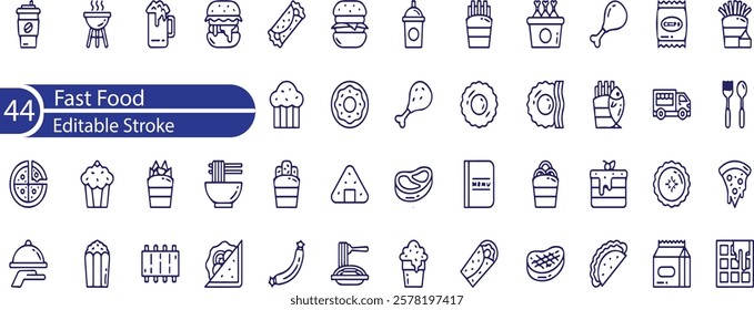 Fast Food Editable Icons set. Vector illustration in modern thin line style of restaurant menu related icons , burger, French fries, desserts, and more.