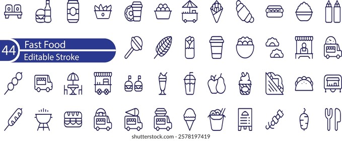 Fast Food Editable Icons set. Vector illustration in modern thin line style of restaurant menu related icons , burger, French fries, desserts, and more.