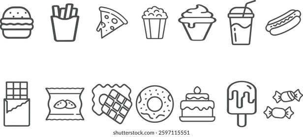 Fast Food Editable Icons set. burger ,pizza ,donut, French fries, ice cream, and more icon. 