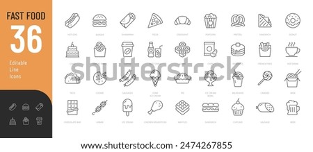 

Fast Food Editable Icons set. Vector illustration in modern thin line style of restaurant menu related icons: burger, French fries, desserts, and more. Pictograms and infographics for mobile apps.
