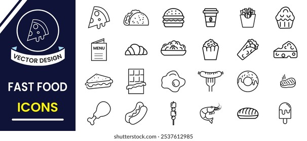 Ícones de arte de linha editáveis do Fast food. Ícones de fast food, conjunto de vetores. Ilustração vetorial em estilo de linha fina em hambúrguer, pizza, milho pop sanduíche, batatas fritas, sobremesas e muito mais. Ilustração vetorial.