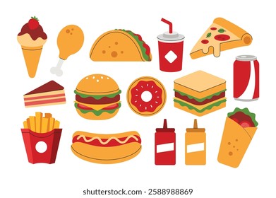 Fast food element collection. Pizza, burger, hot dog, sandwich, tacos, soda, donut. Street food concept flat syle