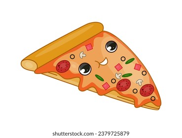 Fast food element sticker. Slice of pizza. Dessert and delicacy for cafe and catering. Italian takeaway eating. Template and mock up. Cartoon flat vector illustration isolated on white background