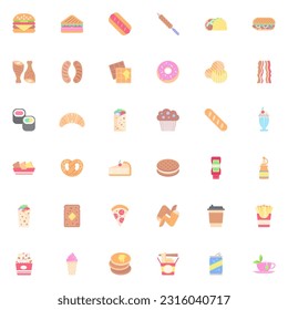 Fast food elements collection, junk food flat icons set, Colorful symbols pack contains - burger, shawarma, pizza, milkshake, ice cream, french fries, noodles. Vector illustration. Flat style design