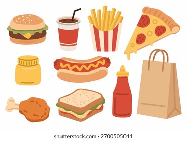 Elementos de comida rápida en estilo plano de dibujos animados. Perfecto para proyectos de diseño de restaurantes, cafeterías o menús.