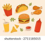 Fast food elements in hand-drawn style for menu and culinary design. Perfect for branding, packaging, stickers, digital assets, and food-themed projects.
