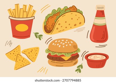 Elementos de comida rápida en estilo dibujado a mano para el diseño culinario. Perfecto para gráficos de menú, marcas, pegatinas, empaques y proyectos creativos digitales.