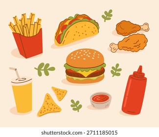 Fast food elements in hand-drawn style for menu and culinary design. Perfect for branding, packaging, stickers, digital assets, and food-themed projects.