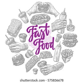 Fast food elements round concept with burgers french fries ketchup and beverages in sketch style isolated vector illustration
