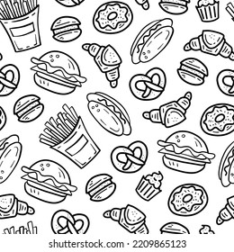 Fast food elements seamless pattern doodle. Hand drawn black and white food seamless background in cartoon style. Repeat vector illustration with falling snacks objects