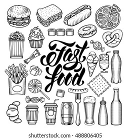 Fast Food elements set with calligraphic lettering Fast Food. Hand drawn doodle style. Isolated Vector illustration.