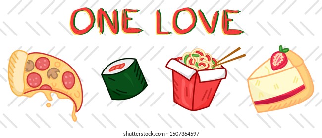 fast food elements set, cartoon pizza, wok, sushi, cheese cake, one love, cute tasty food collection for delivery, editable vector illustration