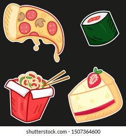 fast food elements set, cartoon pizza, wok, sushi, cheese cake, cute tasty food stickers for delivery, editable vector illustration
