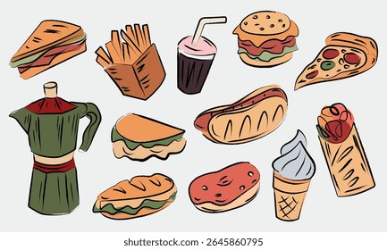Fast Food Elements Set Hand Drawn Doodles Style. Colorful Drawings of Pizza, Burger, Sandwich. Trendy Contemporary Design for Fabric, Prints, Social Media, Textile, Food Menu Design. Not AI