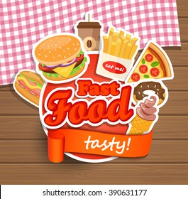 Fast food elements, Typographical Design Label or Sticer - burgers, pizza, coffee, hot dog,  ice cream, doughnut, fries - Design Template. Vector illustration.