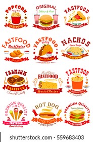 Fast Food emblems. Popcorn, cheeseburger and pizza, chicken leg, tacos and nachos, donut, burrito, french fries and hot dog, ice cream, sandwich and soda or coffee. Vector icons or badges with ribbons