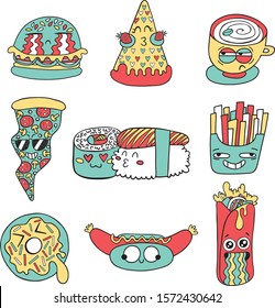 Fast food emoji. Cartoon funny hot dog, hamburger, cup coffee, rolls, a slice of cake, donut, french fries, pizza, burrito. Hand-drawn stickers. Isolated vector. 