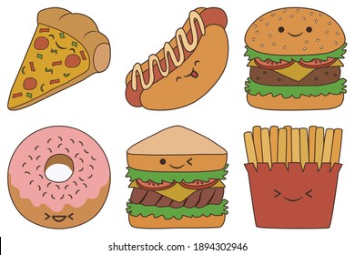 Fast food emoticon cartoon with outline sticker vector. Burger, sandwich, fried potatoes, donuts, pizza, and hot dog sticker, icon vector flat design.