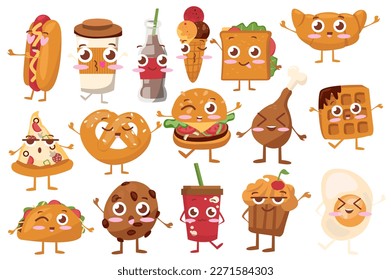 Fast food emotions set concept without people scene in the flat cartoon style. Images of cute pictures with a fast food. Vector illustration.